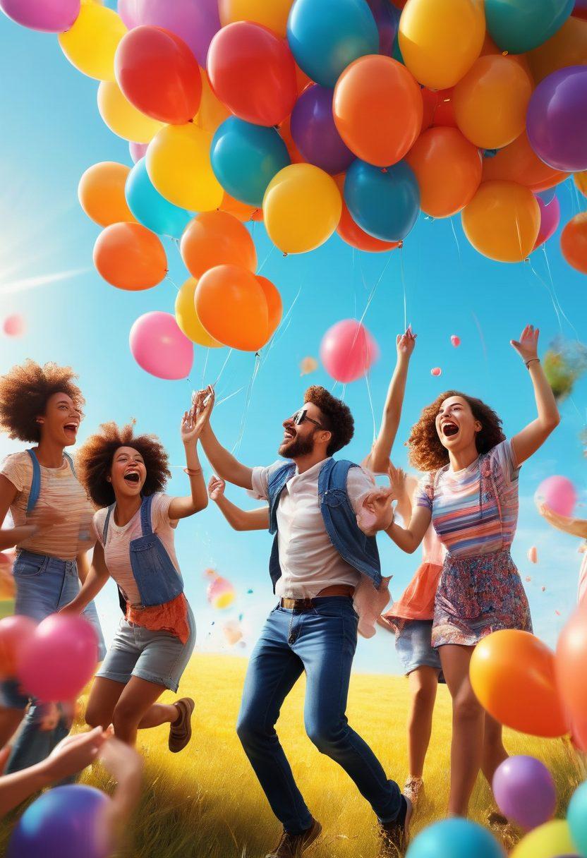 A vibrant video set with joyful videographers capturing cheerful moments. Showcase an artistically arranged backdrop of colorful balloons and sunshine, with diverse people laughing and enjoying life. Include cameras and equipment highlighting the art of videography, with a whimsical touch. Emphasize bright and lively colors to evoke happiness and creativity. playful illustration. vibrant colors. 3D.