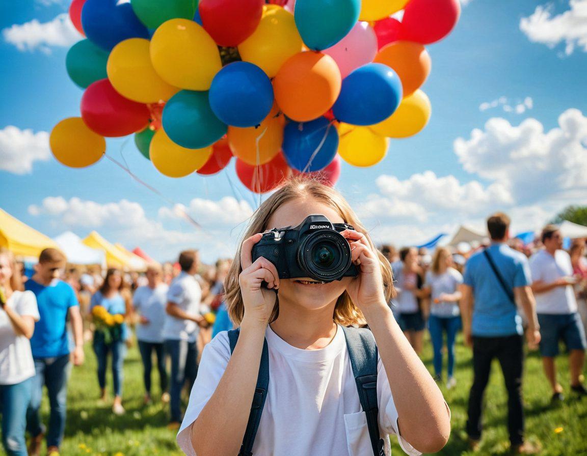 A lifelike scene of a photographer capturing joyful moments at a vibrant outdoor festival, surrounded by colorful balloons, smiling people, and sunflowers. Soft sunlight illuminating the happy faces, with a backdrop of blue skies and fluffy clouds. The photographer's camera focused on a laughing child holding a bunch of flowers. The overall ambiance radiates warmth and positivity. super-realistic. vibrant colors. 3D.