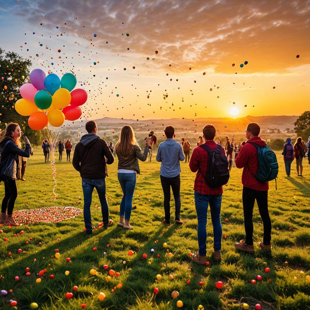 A vibrant scene capturing diverse people joyfully engaging in photography and videography, with colorful balloons and confetti in the air. The background features nature with a beautiful sunset, symbolizing happiness. Include cameras and tripods, with expressions of laughter and excitement on their faces. super-realistic. vibrant colors. dynamic composition.